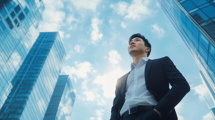 A Chinese businessman stands at the base of a towering glass building, his sharp features reflecting determination as he gazes out over a sprawling city skyline under the brilliant