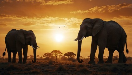 Silhouettes of elephants at sunset.