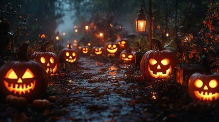   A group of Jack-o'-lanterns illuminated the path in the woods with glowing faces