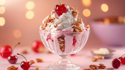 Close-up of a cherry topped ice cream sundae with whipped cream, pecans, and a pink background.