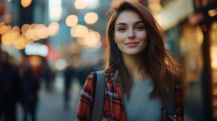 Fototapeta premium A young European woman stands confidently on a lively city street as twilight falls, surrounded by twinkling lights and pedestrians. Her friendly smile adds to the vibrant urban atmosphere.