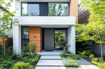 A modern house with white walls, black windows, and wooden accents. The front door is made of dark gray aluminum-framed glass, flanked by two square sconces