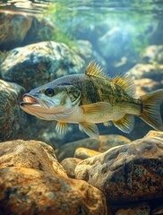 Largemouth Bass with Rocks created with Generative AI Technology, ai, generative