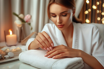 A woman enjoying a soothing manicure in a tranquil spa setting, surrounded by candles and soft lighting, while caring for her nails with attention