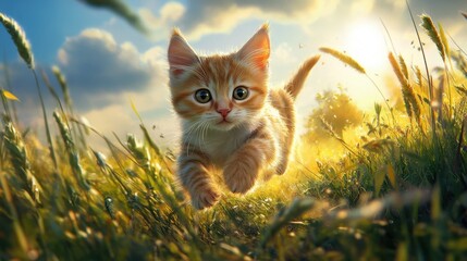 A cute feline racing through a field of emerald grass, against a backdrop of a brilliant,