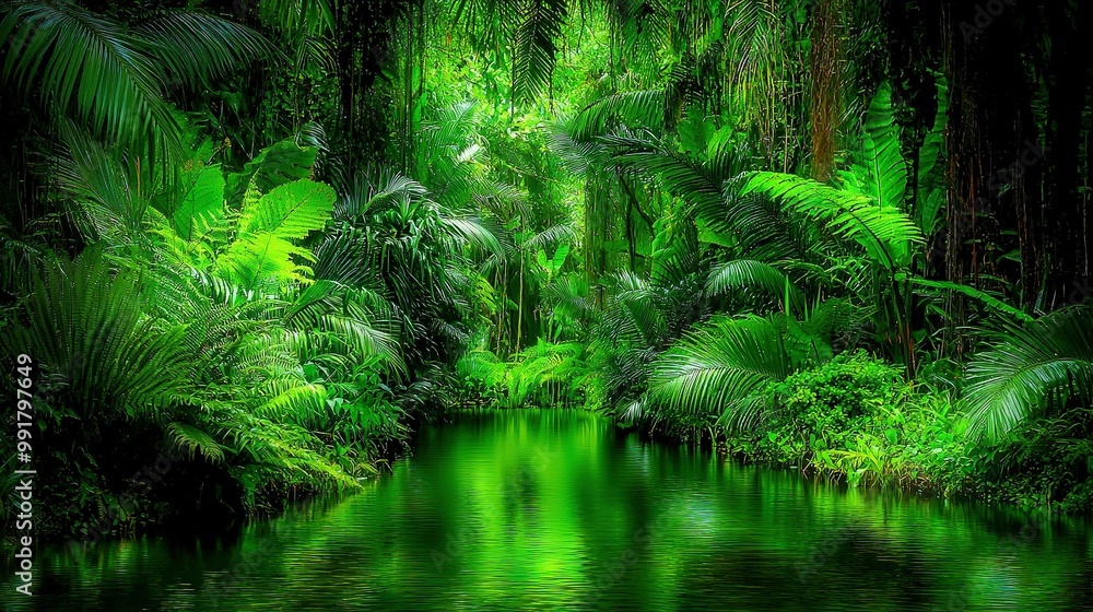 Canvas Prints   A lush green forest, adorned with numerous trees, frames a serene river