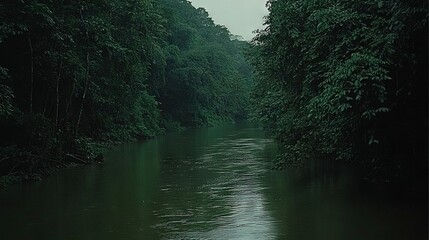 Obraz premium A river in a forest, with a boat in the center and trees on either bank