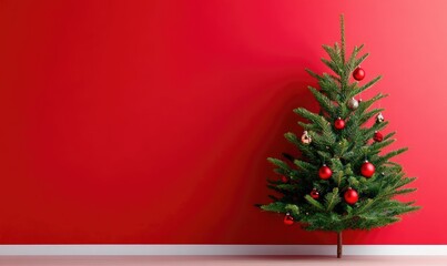 Festive Christmas Tree with Shiny Ornaments on a Red Background