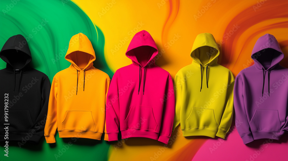 Poster several hoodies in bright neon colors spread across a background of swirling abstract patterns, the 