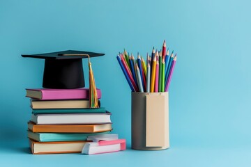 Fototapeta premium Graduation day.A mortarboard and graduation scroll on stack of books with pencils color in a pencil case on blue background.Education learning concept geneative ai