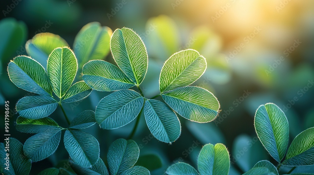 Wall mural   A photo of a leafy plant with the sun illuminating through the foliage from behind