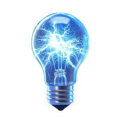 Blue light bulb and lighting strike, bright static electricity energy and power. Danger spark shock, glowing thunder bolt flash, illuminated, technology  transparent background Generative Ai