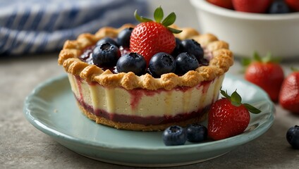 Small dessert pie topped with strawberries and blueberries.