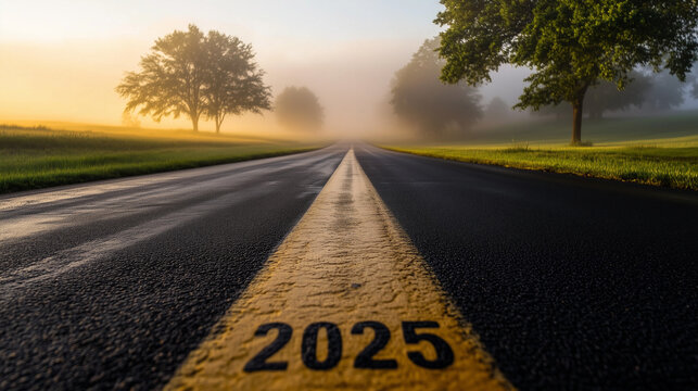 A serene, misty countryside road in the early morning, with "2025" painted on the pavement and an arrow fading into the distant fog, representing the promise of a bright future jus