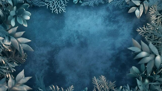 Snowy blue and silver leaves and branches frame a textured blue background, perfect for holiday designs. Serene and stylish with a modern aesthetic, ideal for greeting cards and invitations