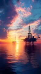 Obraz premium Oil rigs bathed in light from breathtaking sunset image