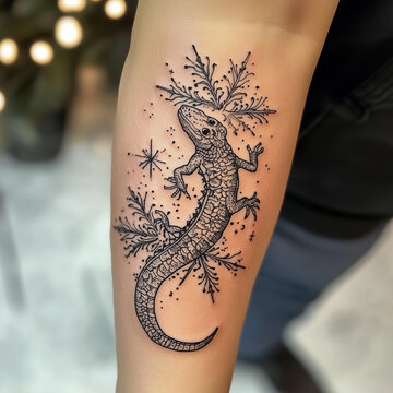 Stylish tattoo of a lizard surrounded by botanical elements and stars on a person's arm
