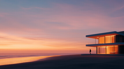 A luxurious beachfront house, softly glowing in the warm sunset light, with an open expanse of beach and ocean in the background, leaving ample room for copy space above.