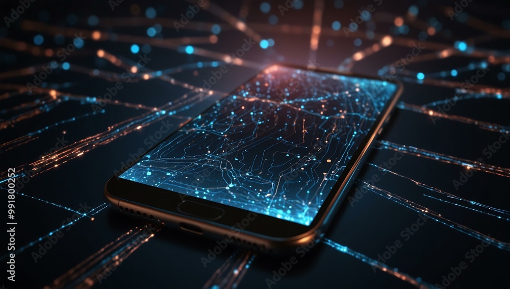 Poster smartphone with glowing lines and dots, symbolizing digital connectivity.