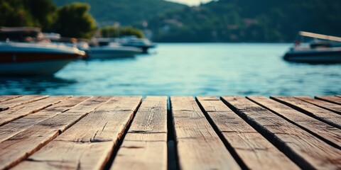 Fototapeta premium A close-up view of wooden dock planks overlooking tranquil water and boats at sea