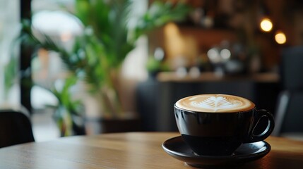 Close-up of a cup of coffee with latte art on a wooden table in a cafe.