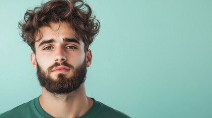 Fototapeta premium A weary young man with a scruffy beard, his eyes heavy with fatigue, isolated on a pale pastel background that fades softly, leaving space for text to the side.