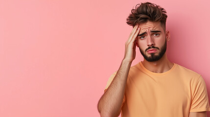 Fototapeta premium A portrait of an exhausted young man rubbing his forehead with one hand, his expression showing mental and physical fatigue, with a muted pastel background offering space for text.