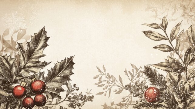 Classic Holiday Design Featuring Hand-Drawn Illustrations of Holly and Ornaments