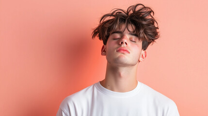 Fototapeta premium A close-up of an exhausted young man with his eyes closed, his face showing clear signs of fatigue, standing in front of a soft pastel background with ample copy space.