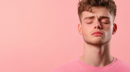 Fototapeta premium A close-up of an exhausted young man with his eyes closed, his face showing clear signs of fatigue, standing in front of a soft pastel background with ample copy space.