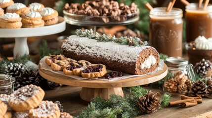Holiday Dessert Spread Featuring Fruitcake, Mince Pies, and Hot Cider in Mason Jars