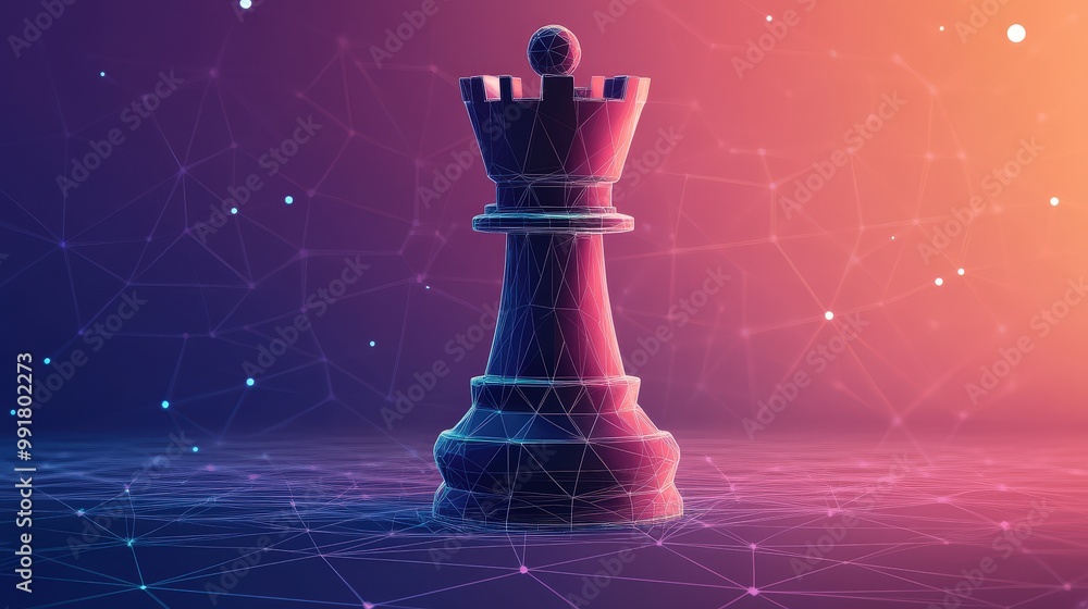 Poster geometric chess rook wireframe in rgb - modern abstract low polygon vector design on light backgroun