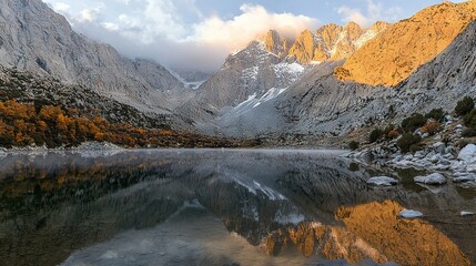 Obraz premium A mountain range reflects on the tranquil waters of a lake, capped by snow-kissed peaks and dotted by wispy clouds
