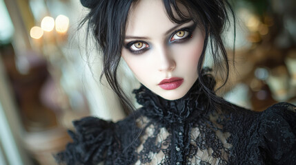 Fototapeta premium striking portrait of woman with gothic makeup and attire, featuring dark lace and dramatic eye makeup that enhances her captivating gaze. atmosphere is both mysterious and alluring