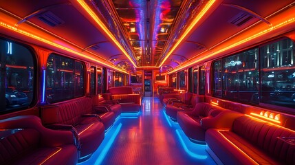Fototapeta premium Neon lights illuminate the interior of a party bus, with plush seating and a bar area, showcasing a unique and vibrant atmosphere for an unforgettable night out.