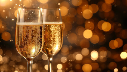 Happy New Year banner. Gold colors, blue lights, two glasses with champagne