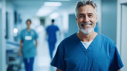 Obraz premium A cheerful older man in scrubs strolls through a brightly lit hospital radiating positivity
