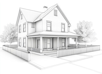 A white drawing of an American-style two-story house with a front porch and fence
