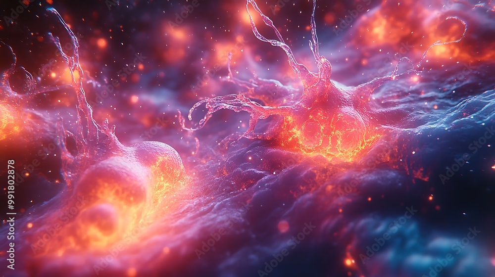 Poster abstract 3d render of glowing cells with a nebula background.
