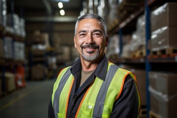 Fototapeta premium Portrait of a hispanic middle aged male warehouse worker