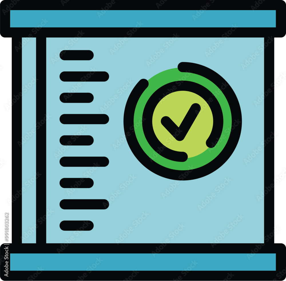 Poster this vector icon of a server rack features a green check mark, indicating a successful system verifi