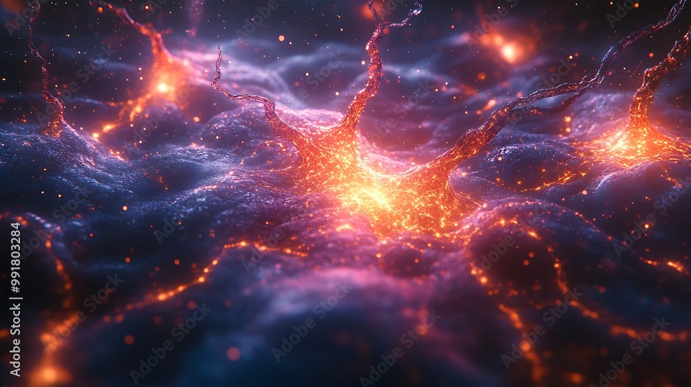 Poster abstract glowing neuron cell with spark effect.