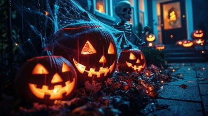   Jack-o'-lantern pumpkins gathered on a porch, framing a spooky skeleton behind