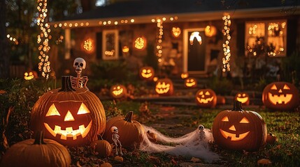 Fototapeta premium A collection of jack-o'-lanterns perched on the ground adjacent to a house, illuminated by surrounding lights