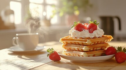  A plate holds a stack of golden waffles with whipped cream and fresh strawberries, while a steaming cup of rich coffee sits nearby