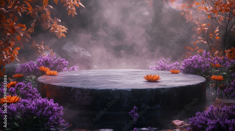 Poster in a tranquil garden, a circular stone platform is adorned with colorful flowers. surrounding it, pu