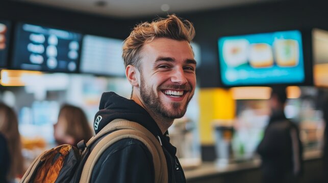 A cheerful man stands in line excitedly anticipating his meal at a fast food restaurant