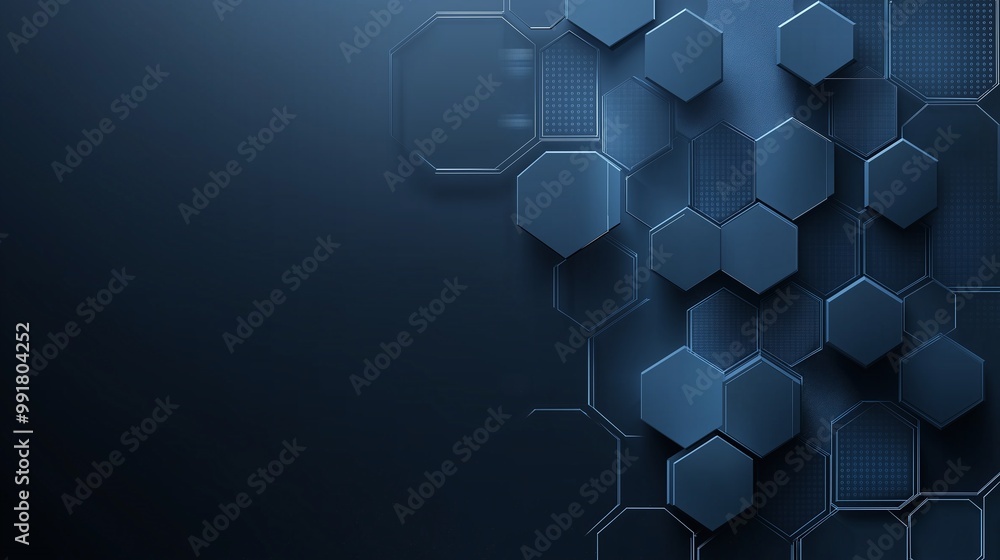 Poster abstract hexagonal background with dark blue tones and modern geometric shapes.
