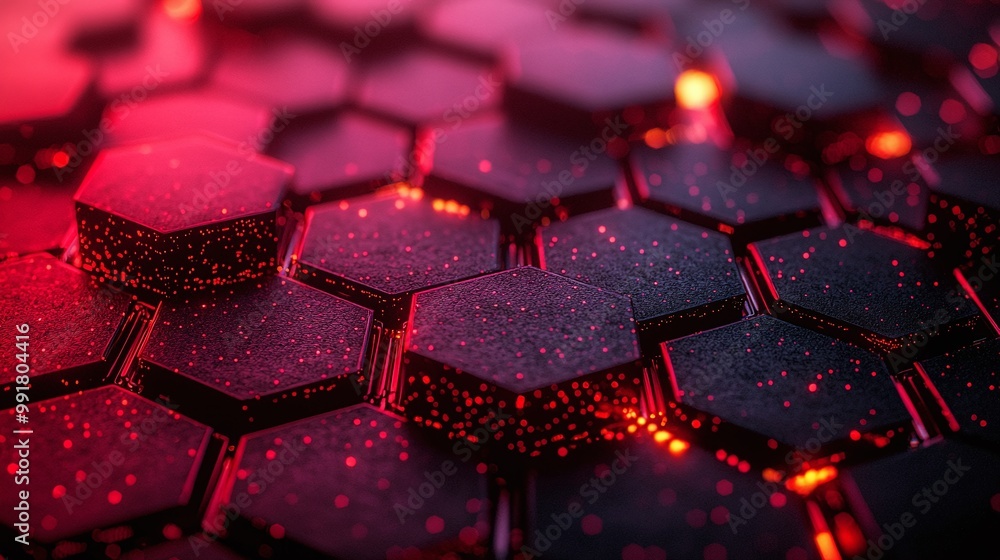 Poster abstract hexagonal pattern with red glowing lights, futuristic and modern design, suitable for backg