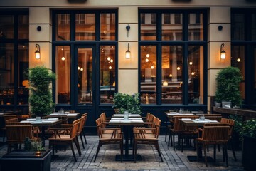 Exterior of a restaurant sitting area with wooden tables and chairs
